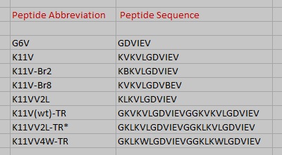 Fig. 8 Cylindrin single chain and tandem repeat peptide abbreviations and amino acid sequences.