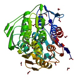 Figure 1. E. coli EPSP synthase liganded with shikimate-3-phosphate. Protein chains are colored from the N-terminal to the C-terminal using rainbow (spectral) color gradient