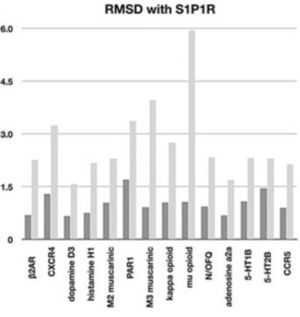 Fig1: Plot of the RMSD values of the receptor family in comparison with S1P1 receptor. The dark gray values are core RMSD, and the light gray values are transmembrane domain RMSD(4).