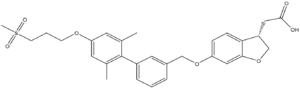 Figure 4. Structure of TAK-875. The carboxylate moiety (upper right) inserts into hGPR40. The Sulfonate group (upper left) remains on the outside of the protein once bound.