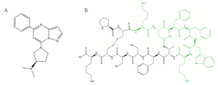 Figure 3: Structure of MRGPRX2 Agonists. (A) Structure of R-Zinc 3573. A cationic ligand selected for binding to MRGPRX2. This ligand was used as a probe for MRGPRX2 function and stabilization for structure determination.  (B) Structure of Cortistatin-14 with resolved amino acids highlighted in green.