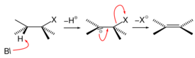 Figure 11. Elimination Unimolecular conjugate Base Mechanism showing carbanion intermediate. X is ammonia in this non-oxidative deamination reaction caused by the lyase.