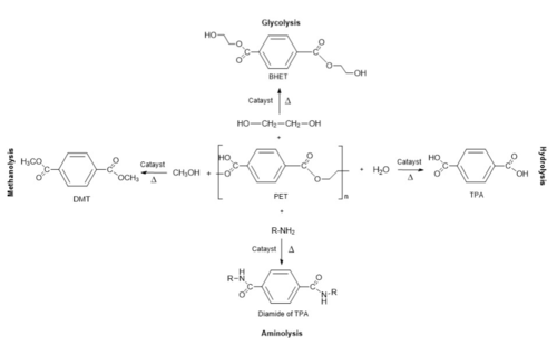 Figure 2 - The different possible pathways of breakdown PET, with our focus being on hydrolysis
