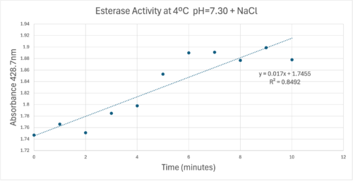 A trendline showing the potential relationship between absorbance and time in a PNPA+Protein solution in a solution with a pH of 7, sodium chloride, and a external temperature of 4 C.