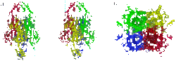 Figure 3. Quaternary Structure of PAL. The four individual monomers are color-coded in red, green, blue, and yellow, displaying the approximate 222 symmetry of the PAL tetramer.(a) Stereoview of PAL from a side perspective. The bracketed areas represent the residues, arranged in a fan, that are present in PAL and absent in HAL. (b) Top perspective of the PAL tetramer. This view looks down into the active sites of two of the subunits; the other two active sites would be seen from a bottom view.