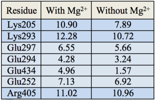 Table 1: pKa values of active site residues of MbtI with and without Magnesium.  Ferrer 2-11.