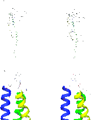 Figure 4. Tertiary structure of PAL. The three central core helices, leading to the active site, are colored blue, green, and yellow. (a) Stereoview of the PAL monomer with residue numbering. (b) Stereoview of MIO and Phe413 interactions with the three central helices, polarized with their N termini directed toward the active site. Hydrogen bonds are indicated by dashed lines. 