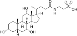 Fig.1: Taruocholic acid a crystalline bile acid Shown here is the structure in a line representation of taruocholic acid with stereochemistry and important hydrogens.